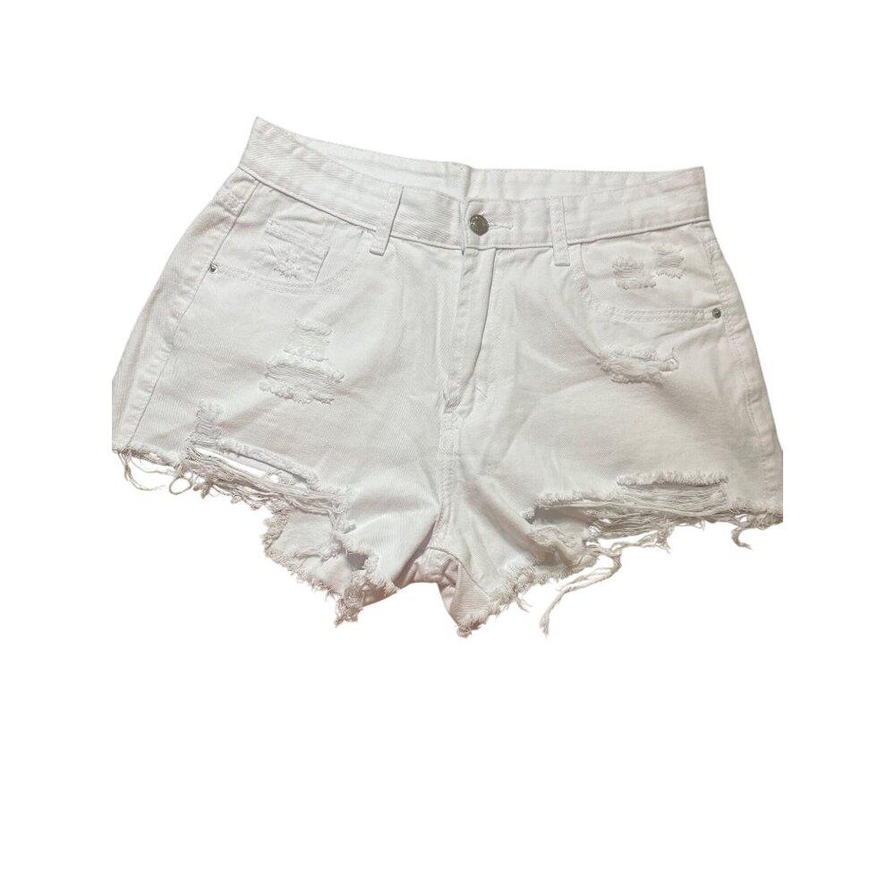 Shein White Denim Bootie Shorts Distressed Raw Hem Hot Pants Daisy Dukes Sz 30